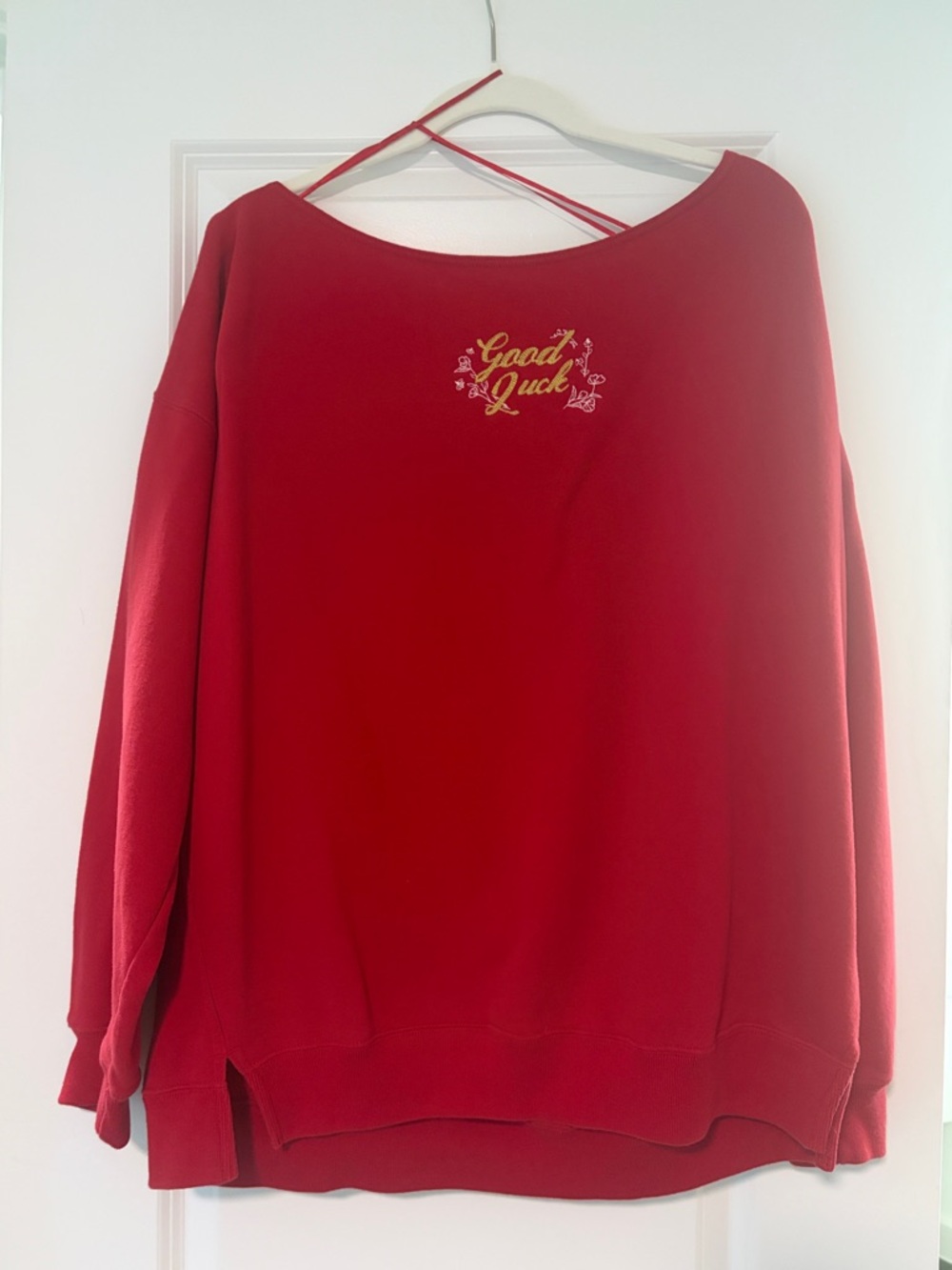Red 'Good Luck' Embroidered Sweatshirt